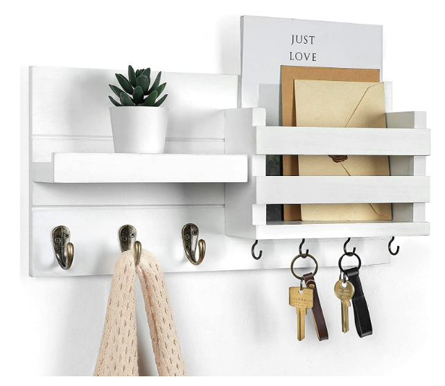 Organizer for Wall Mount Key Holder with Shelf Includes Letter Holder and Hooks for Coat Dog Leashes