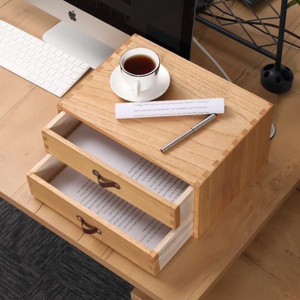 Wooden Desk Organizer with 2 Drawers Desktop Storage Drawers Desk Organizer for Office Supplies File Paper Home Counter Storage