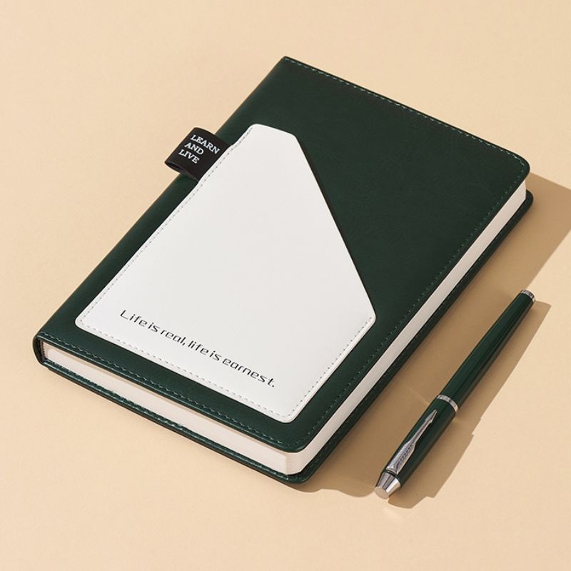 Custom Designer Cahier Brand Thick Diary Grade School Commonplace Book White Black Leather Cover Pocket PU Notebooks With Pen