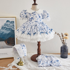 3pcs set lolita Europe design clothes blue floral wedding party birthday dresses baby girls Spanish dress