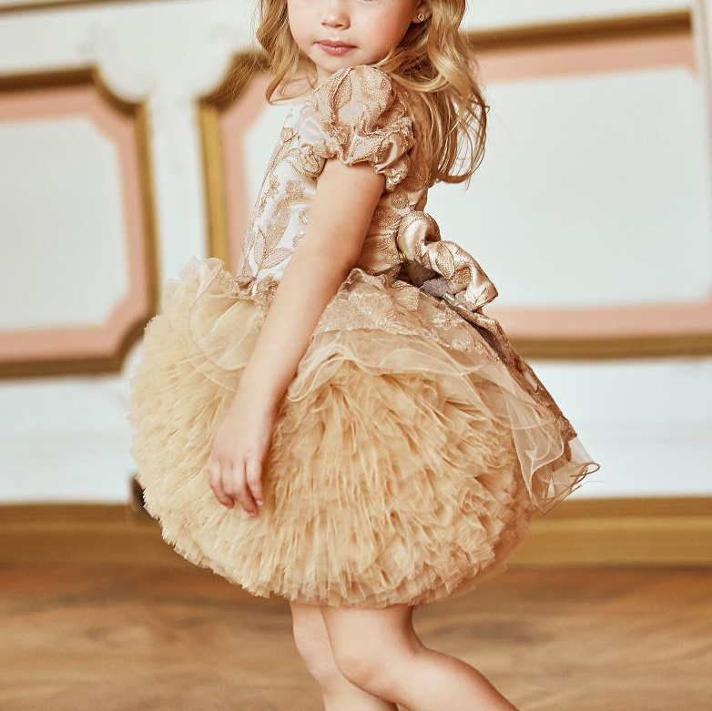 Gold tulle puff ball sequin flower party birthday wedding baby dress