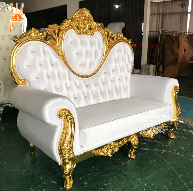 Hot Royal Baroque Style Gold White Leather Two Seat Wooden Sofa for Wedding