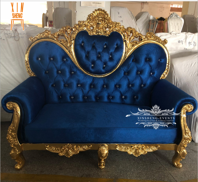 Hot Royal Baroque Style Gold White Leather Two Seat Wooden Sofa for Wedding