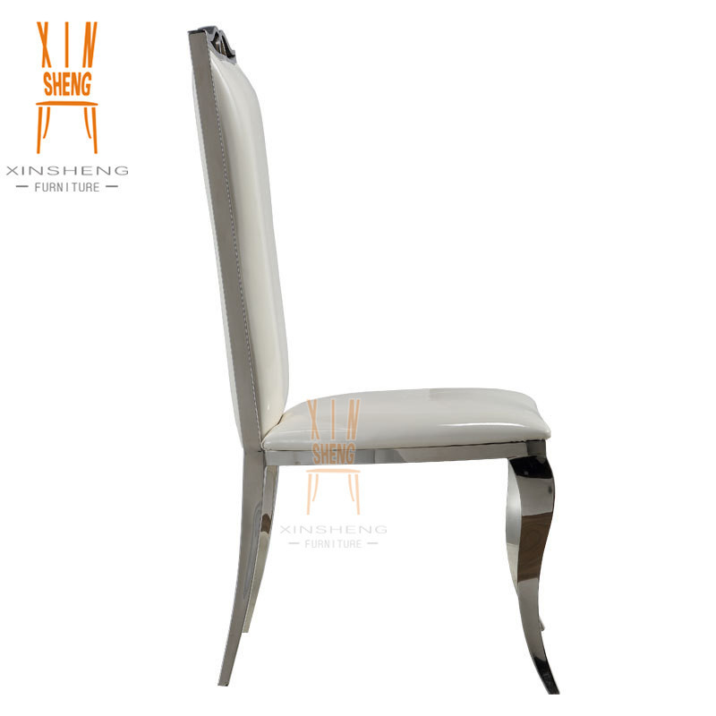 Silver High Back stainless steel frame and white leather Upholtery throne dining chair