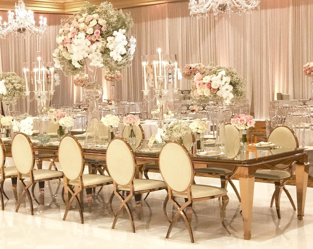 New design mirror glass gold stainless steel wedding decoration table