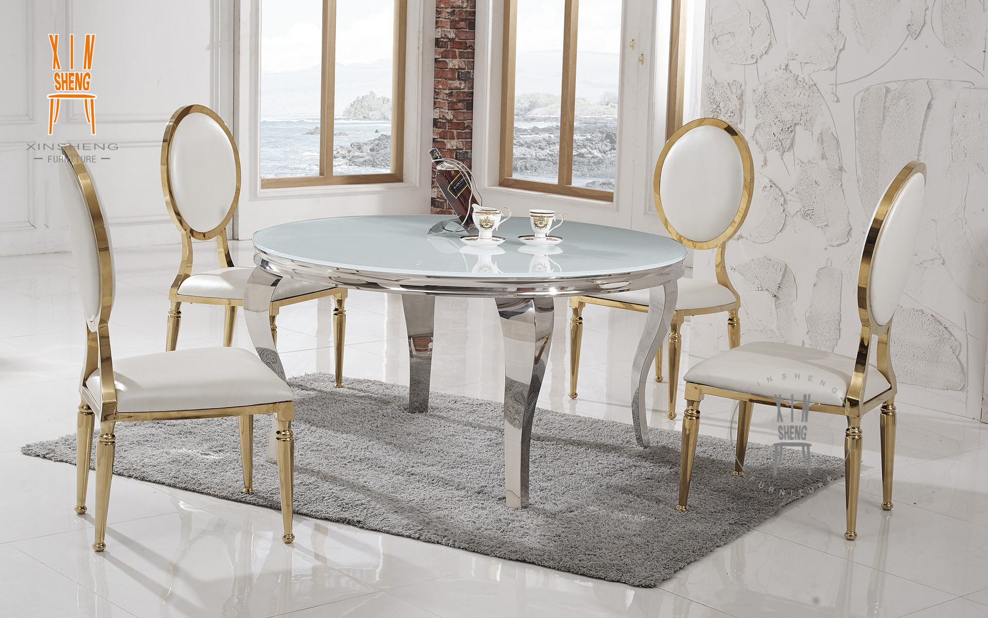 Wedding furniture stainless steel frame mdf dining table for party banquet