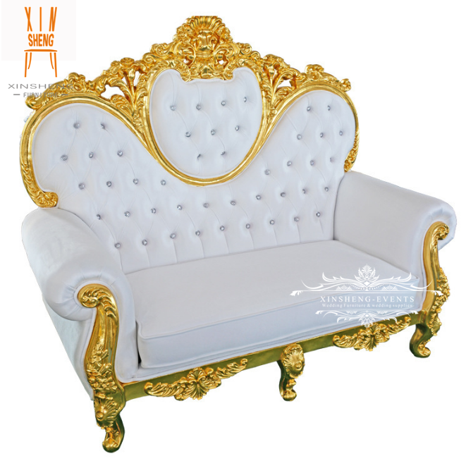 Hot Royal Baroque Style Gold White Leather Two Seat Wooden Sofa for Wedding