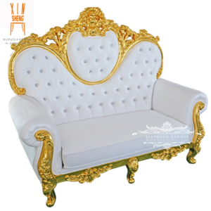 Hot Royal Baroque Style Gold White Leather Two Seat Wooden Sofa for Wedding