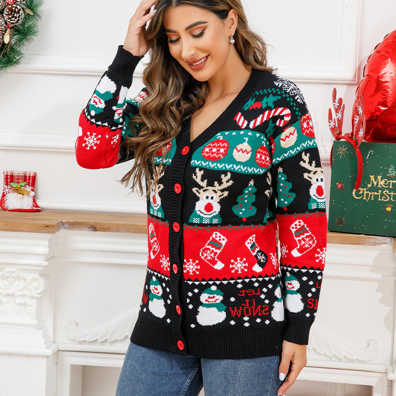 Custom autumn and winter animal jacquard single-breasted v-neck cardigan women ugly Christmas sweater