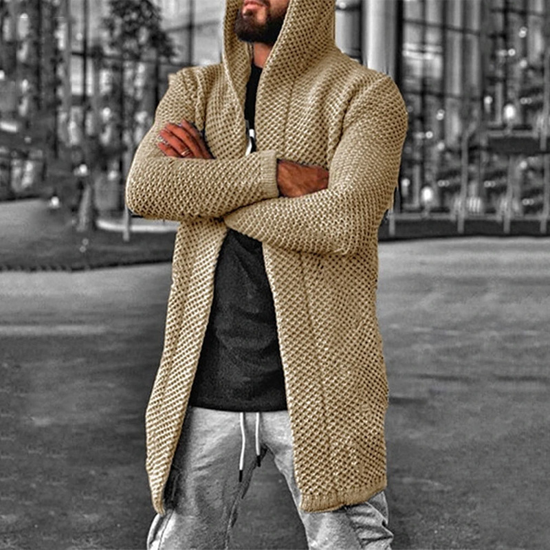 Customize winter solid color loose mid-length mens hooded cardigan thickening sweater coat hooded cardigan men