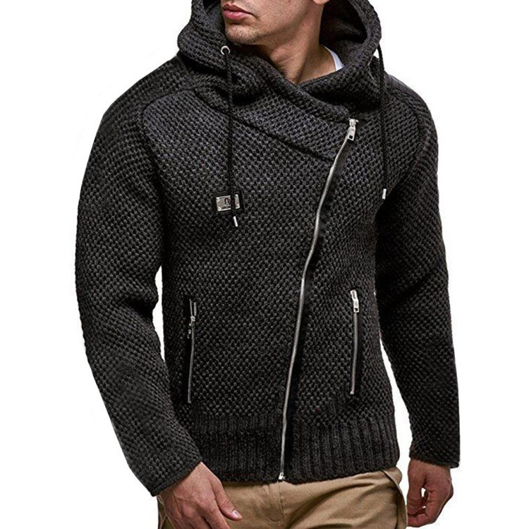 Custom European and American winter fashion long-sleeved diagonal zipper slim thick coat sweater hooded cardigan men