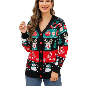 Custom autumn and winter animal jacquard single-breasted v-neck cardigan women ugly Christmas sweater