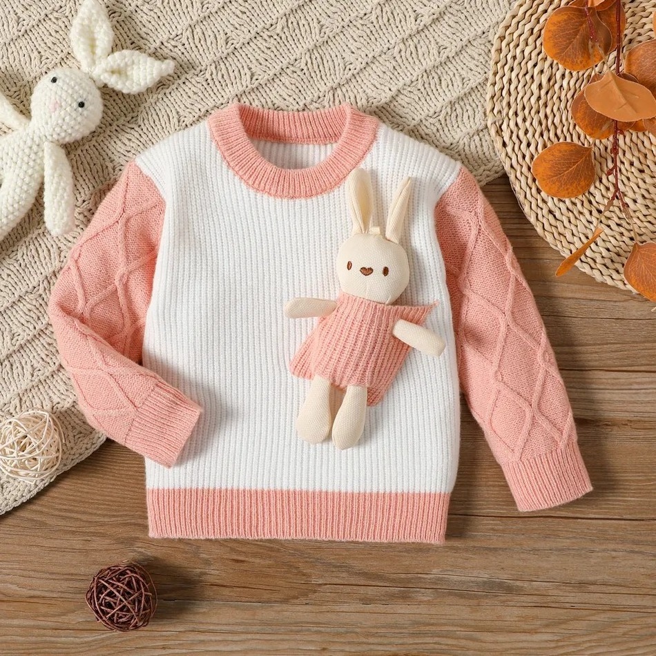 Custom Baby Boy/Girl 3D Teddy Bear Design Cable Knit Rib Pullover Round Neck Long-sleeve Knitwear Baby Sweater