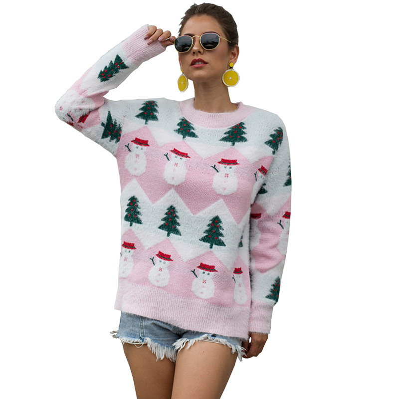 Winter pink and green womens crop sport school long sleeves crewneck pullover hand knit letter custom sweater