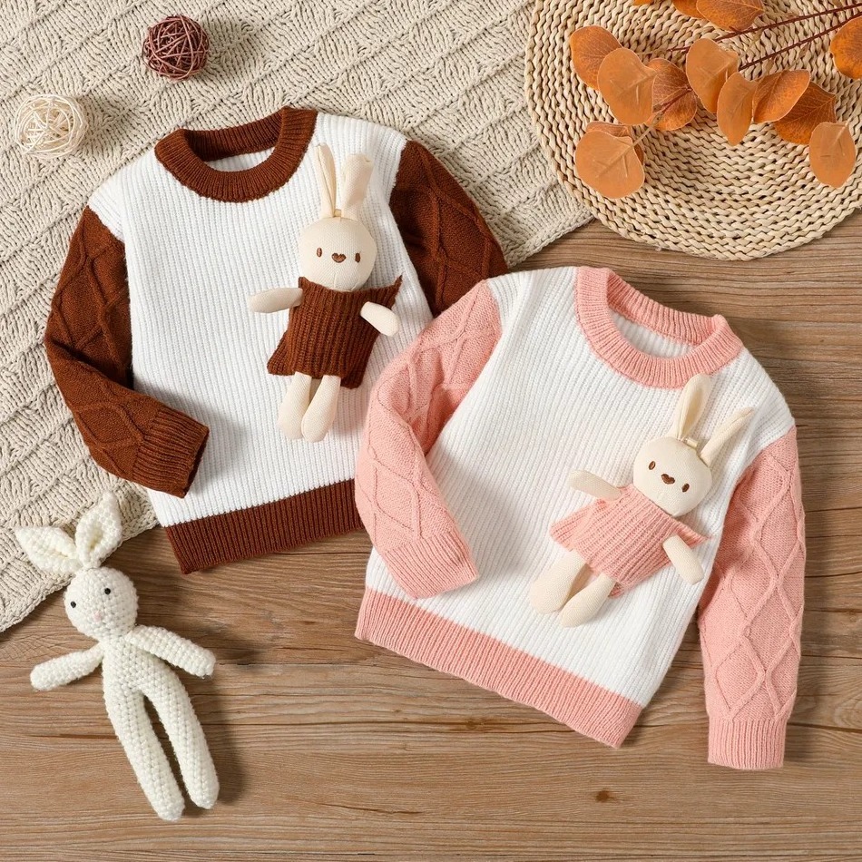 Custom Baby Boy/Girl 3D Teddy Bear Design Cable Knit Rib Pullover Round Neck Long-sleeve Knitwear Baby Sweater