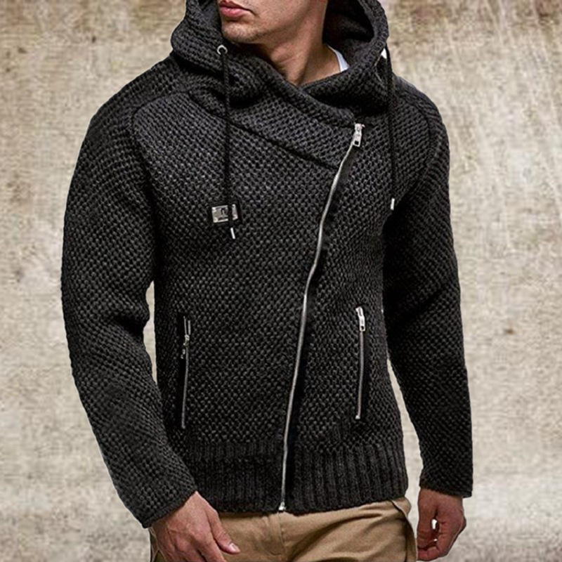 Custom European and American winter fashion long-sleeved diagonal zipper slim thick coat sweater hooded cardigan men