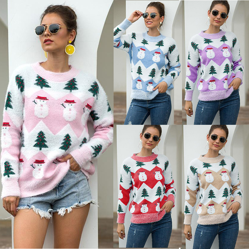 Winter pink and green womens crop sport school long sleeves crewneck pullover hand knit letter custom sweater