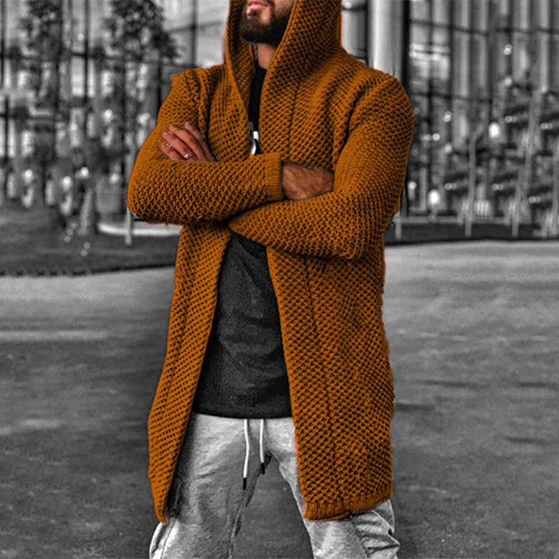 Customize winter solid color loose mid-length mens hooded cardigan thickening sweater coat hooded cardigan men