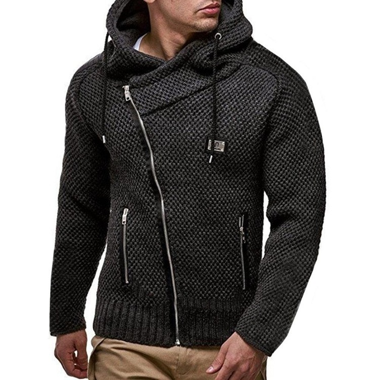 Custom European and American winter fashion long-sleeved diagonal zipper slim thick coat sweater hooded cardigan men