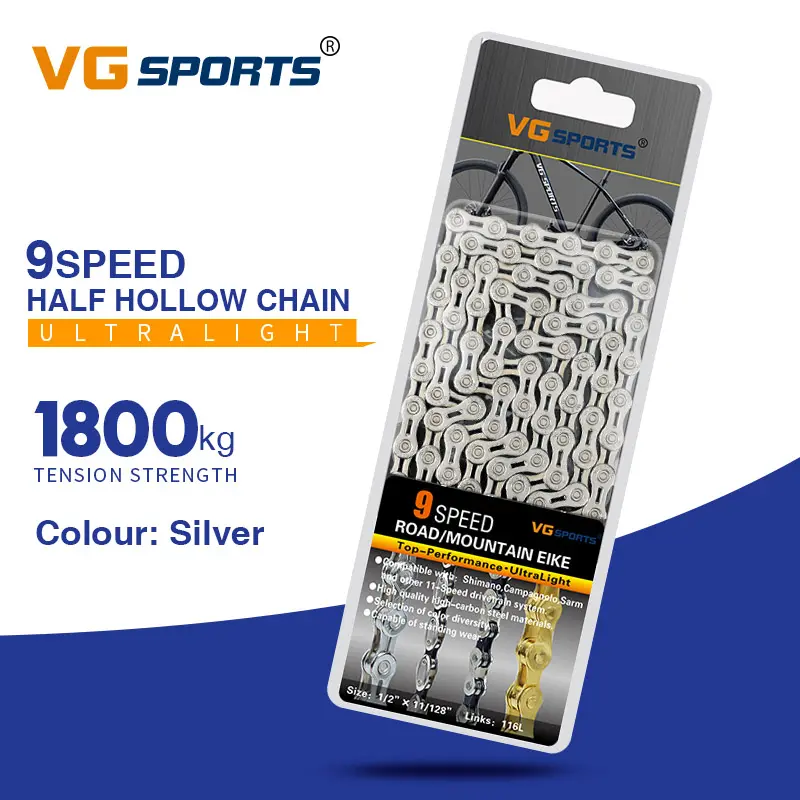 Bicycle Chain VG Sports Ultralight MTB Chain 9 Speed Half Hollow 116 Links MTB Bicycle Chain