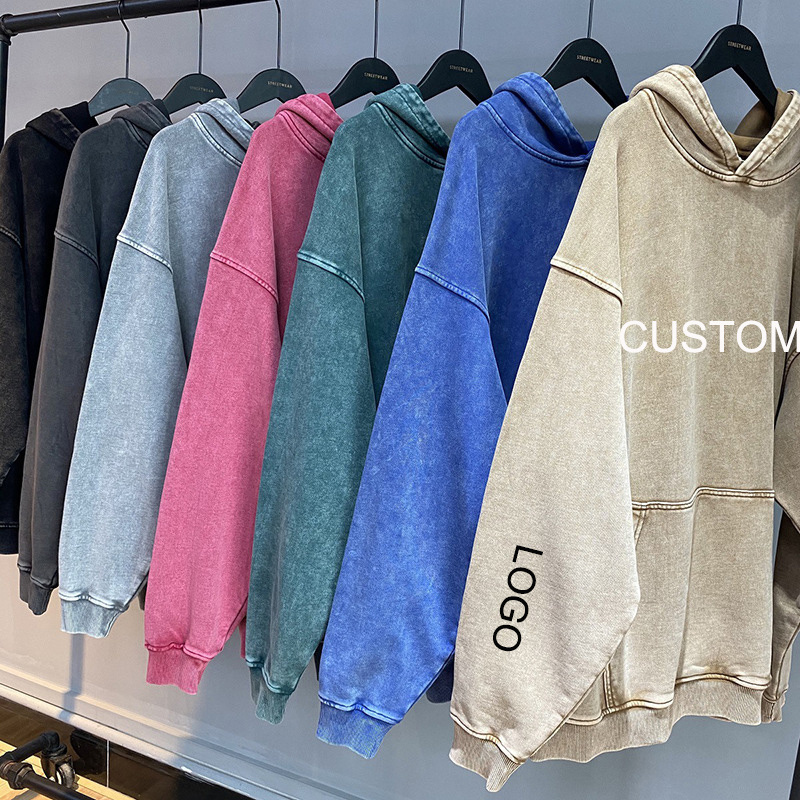 High Quality Cotton Print Plus Size  350gsm Heavy Weight Acid Washed Hoodie Sweatshirt Blank Graphic Hoody Wholesale