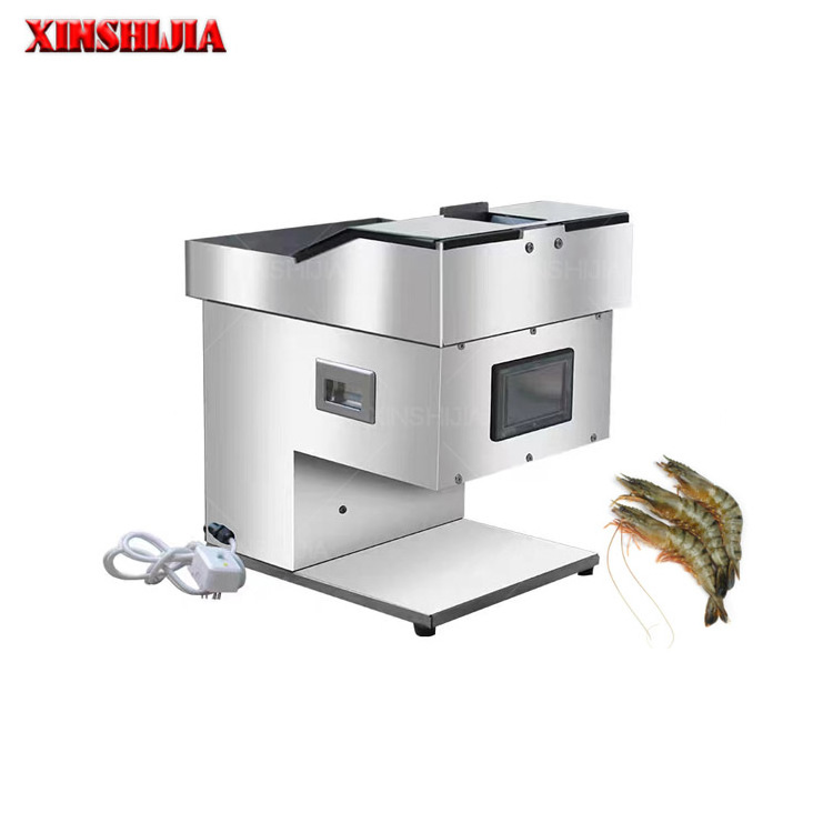 Shrimp prawn halves back open cutting peeling deveining removing cleaning processing machine