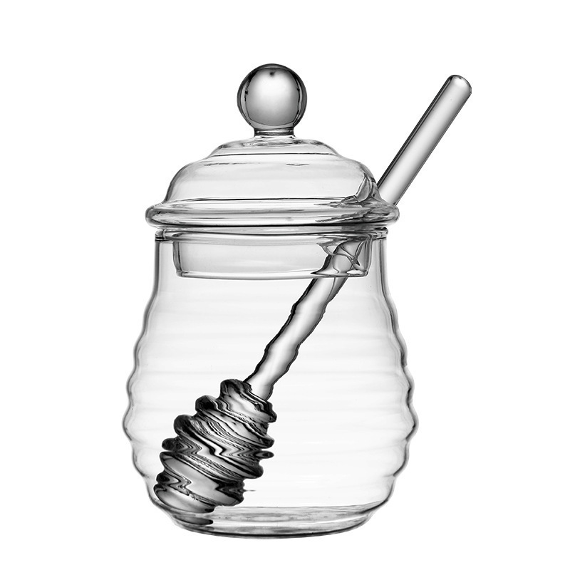 Hot Sale Eco Friendly Clear 9 Ounce Honey Jar with Dipper and Lid Glass Honey Pot Container Dispenser Glassware for Home Kitchen