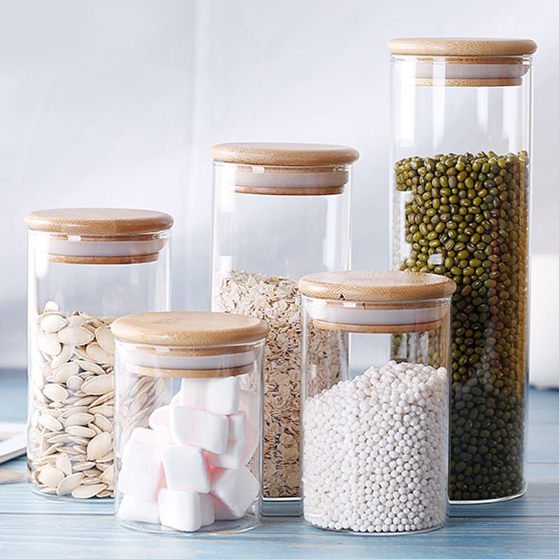 1.9L Tall Clear Storage Containers Airtight Food Storage Jar with Bamboo Lid for Pantry Container Food Grade Grain Storage