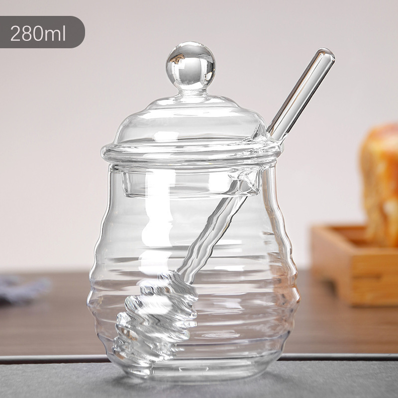 Hot Sale Eco Friendly Clear 9 Ounce Honey Jar with Dipper and Lid Glass Honey Pot Container Dispenser Glassware for Home Kitchen