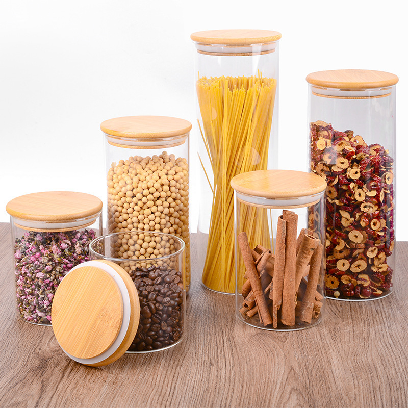 1.9L Tall Clear Storage Containers Airtight Food Storage Jar with Bamboo Lid for Pantry Container Food Grade Grain Storage