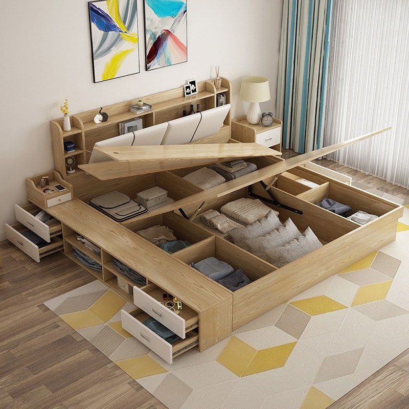 Nordic White Oak Bed High Box Storage Solid Wood adjustable Bed wooden storage bed