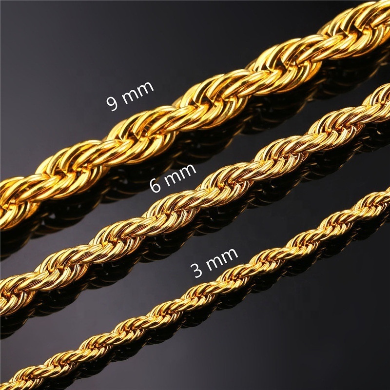 Factory Price 18 inch  20 inch Rope Chain  18 K Gold Stainless Steelmen rope necklace Cuban Link Chain Necklace