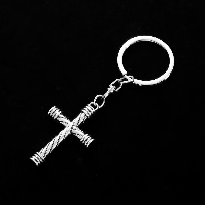 Stainless Steel Wholesale High Quality Virgin Rosary Cross Religious Pendant Keychain Vintage Silver Jesus Cross Metal Keychain