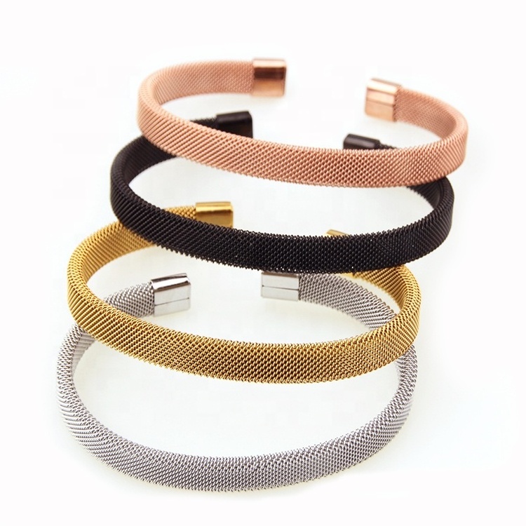 New design custom made stainless steel Elastic C shaped braided mesh fine fashion jewelry bracelets bangles