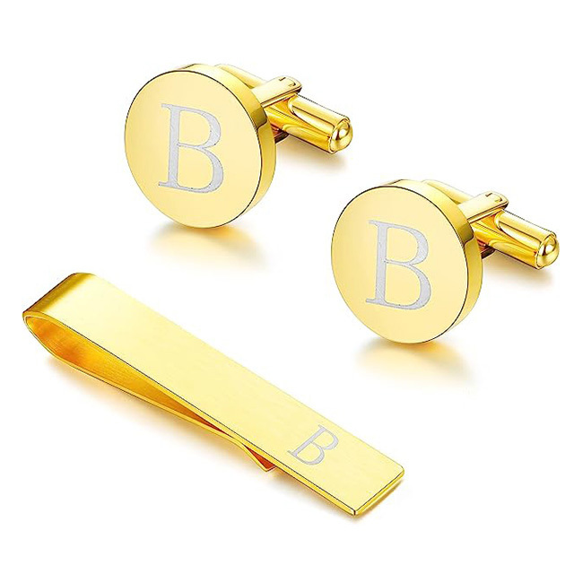 Stainless Steel Gold Plated  Personalized Custom Name Men Cufflinks Golden Supplier Engraved Cufflink and Tie Clip