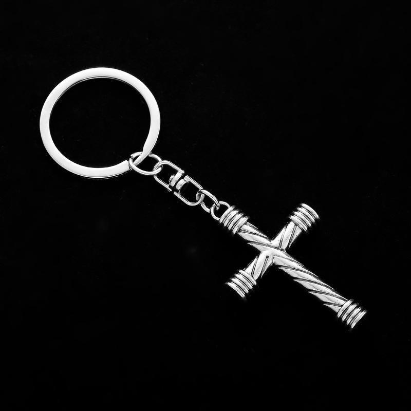 Stainless Steel Wholesale High Quality Virgin Rosary Cross Religious Pendant Keychain Vintage Silver Jesus Cross Metal Keychain