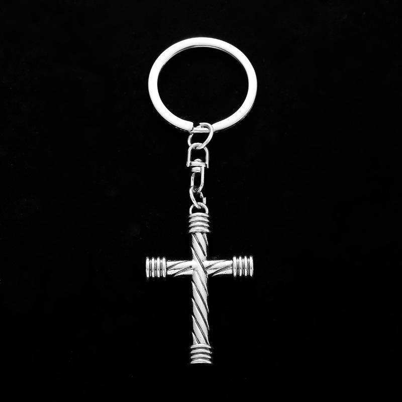 Stainless Steel Wholesale High Quality Virgin Rosary Cross Religious Pendant Keychain Vintage Silver Jesus Cross Metal Keychain