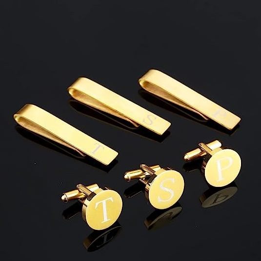 Stainless Steel Gold Plated  Personalized Custom Name Men Cufflinks Golden Supplier Engraved Cufflink and Tie Clip