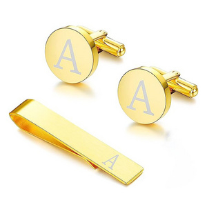 Stainless Steel Gold Plated  Personalized Custom Name Men Cufflinks Golden Supplier Engraved Cufflink and Tie Clip