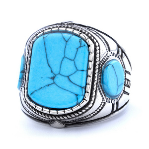 Nordic personalized stainless steel fashion retro three sided turquoise ring generous and appropriate ring