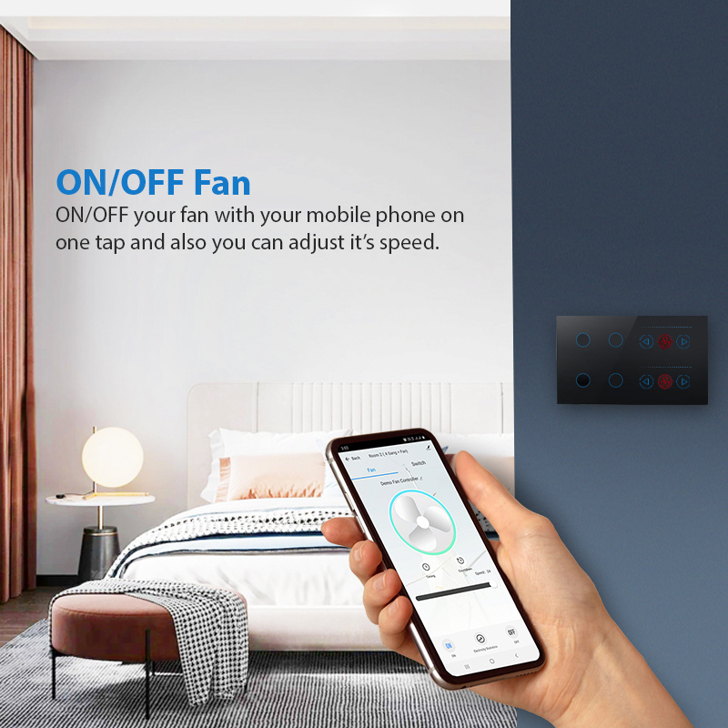 Back Lights Switch  ON/OFF Function Control from APP Four Gang and Two Fan Dimming Switch/Tempered glass smart wall switches