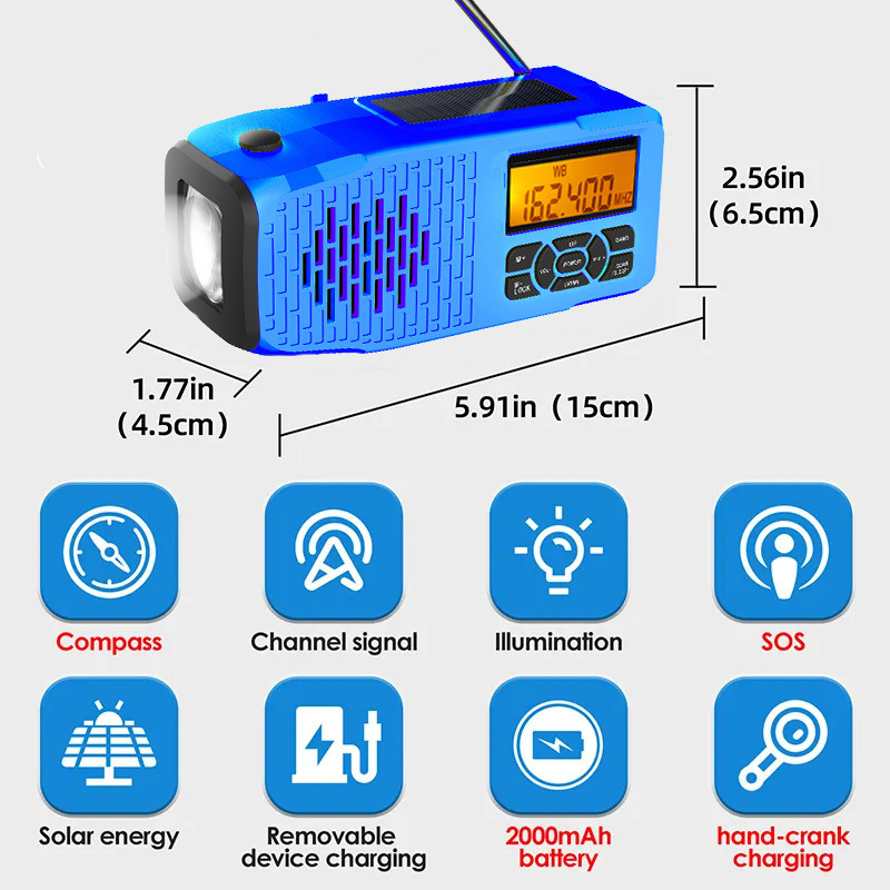 Portable Survival Power Bank Flashlight AM FM NOAA Weather SOS Dynamo Hand Crank Solar Emergency Radio for Home & Outdoor