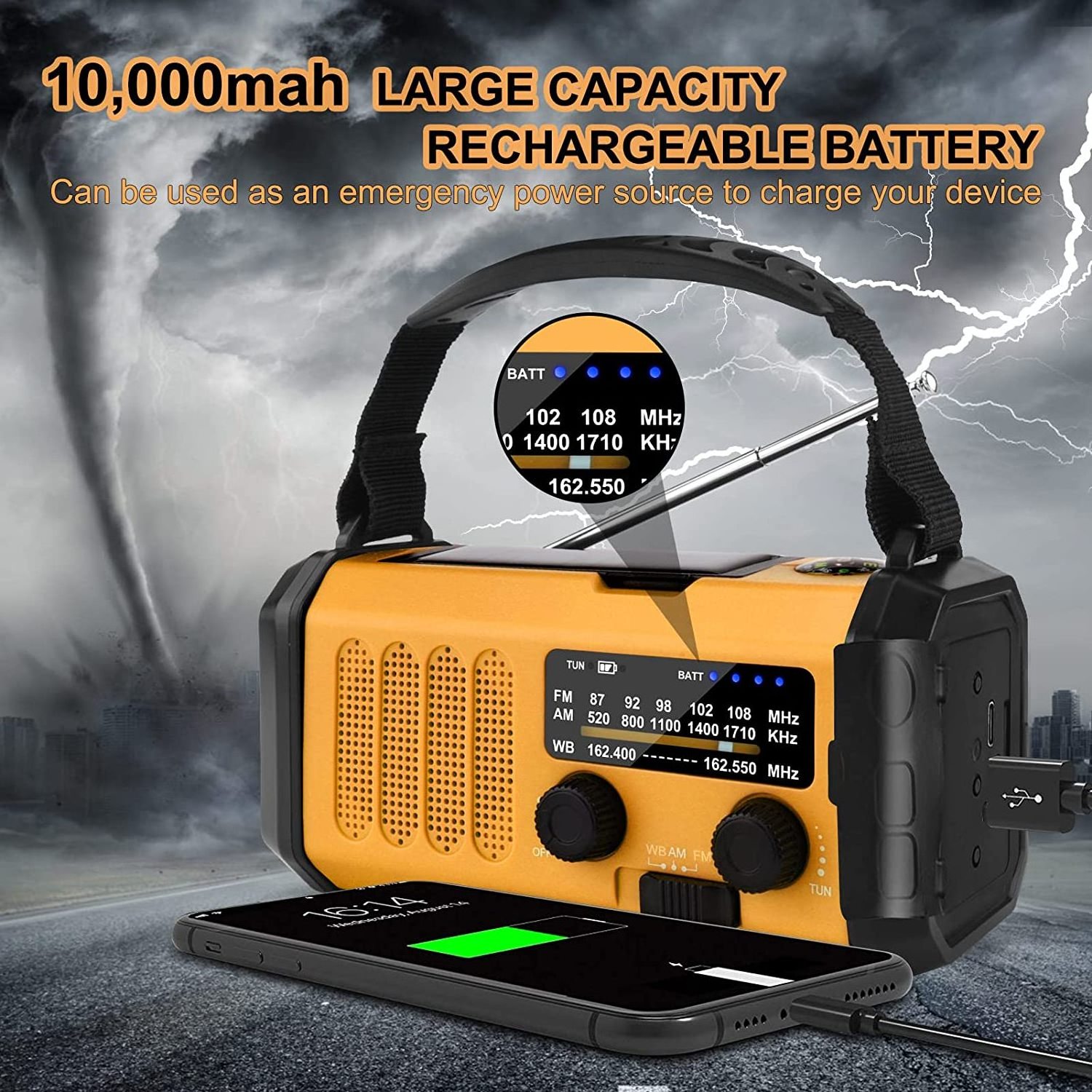 Emergency Solar Hand Crank Portable Radio Led Light 10000mAh Battery Portable Radio with Reading Lamp and SOS