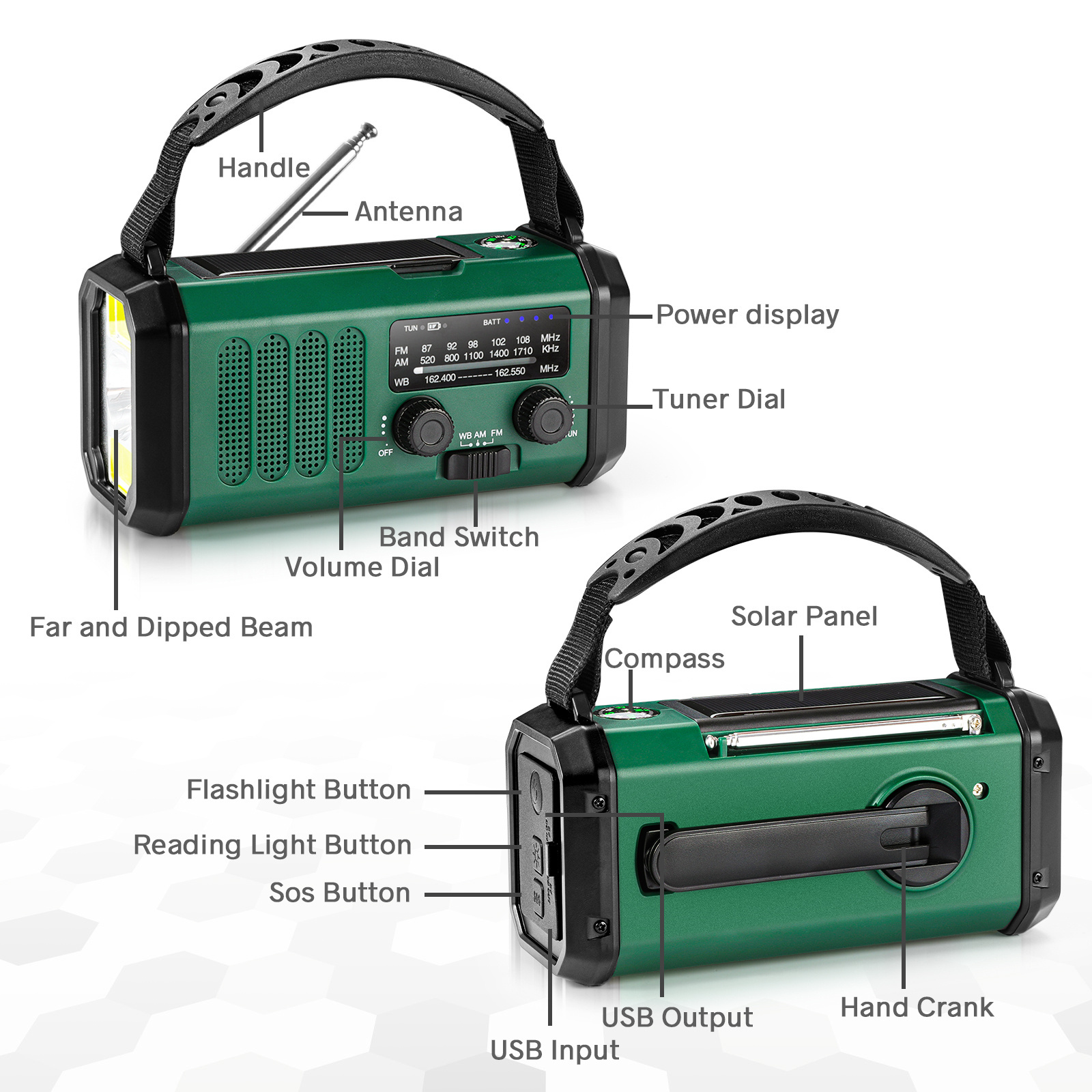 Weather Forecast Radio Solar Powered Flashlight FM AM Outdoor Camping or Home Radio For Outdoorsman