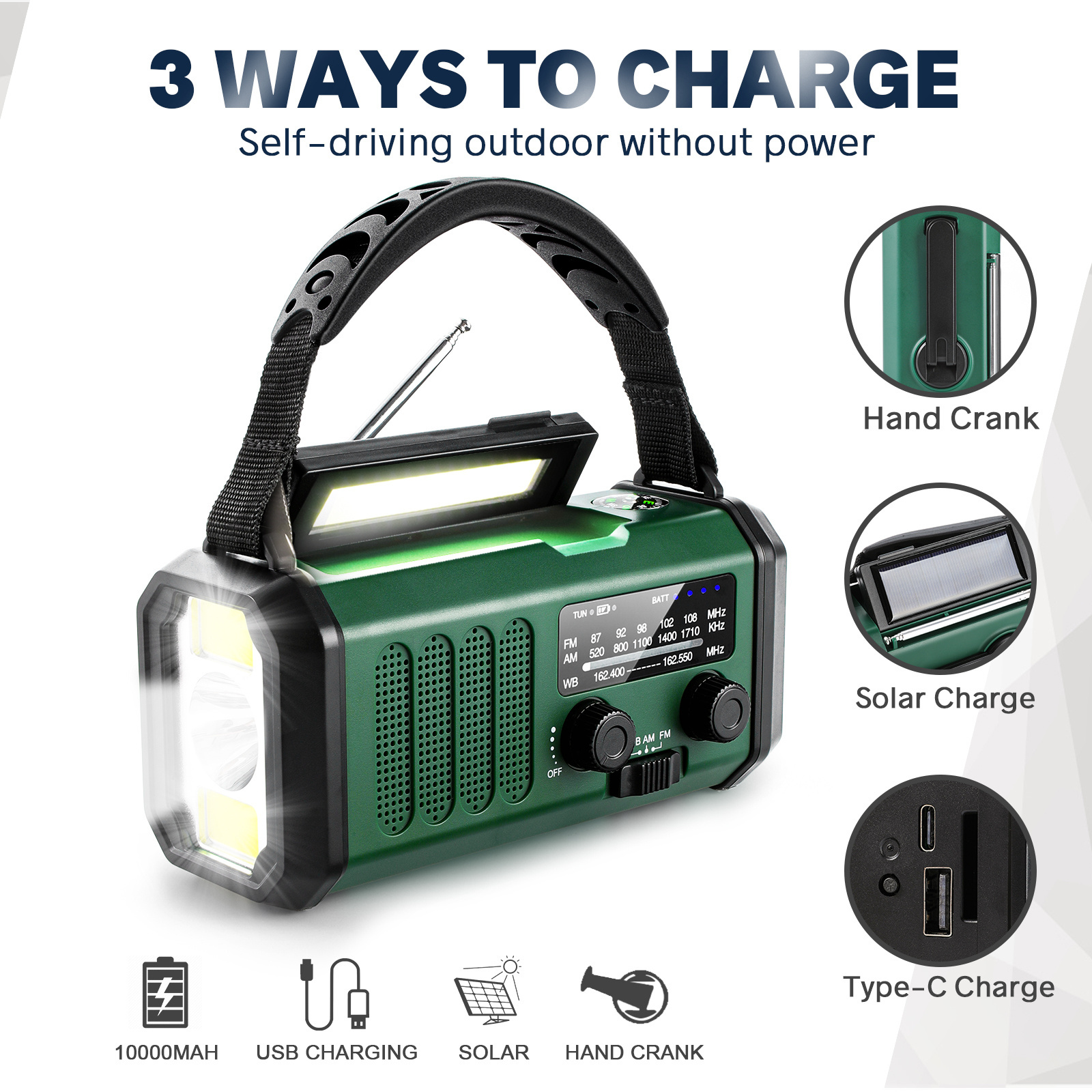 Weather Forecast Radio Solar Powered Flashlight FM AM Outdoor Camping or Home Radio For Outdoorsman