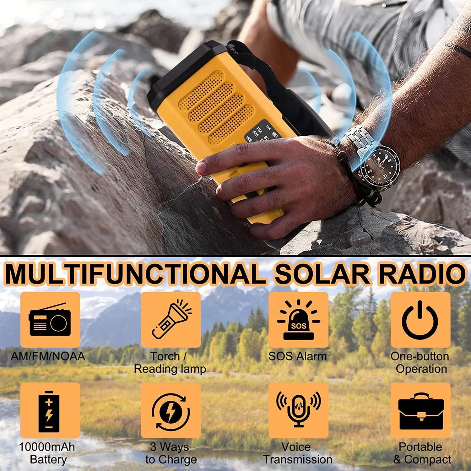 Emergency Solar Hand Crank Portable Radio Led Light 10000mAh Battery Portable Radio with Reading Lamp and SOS