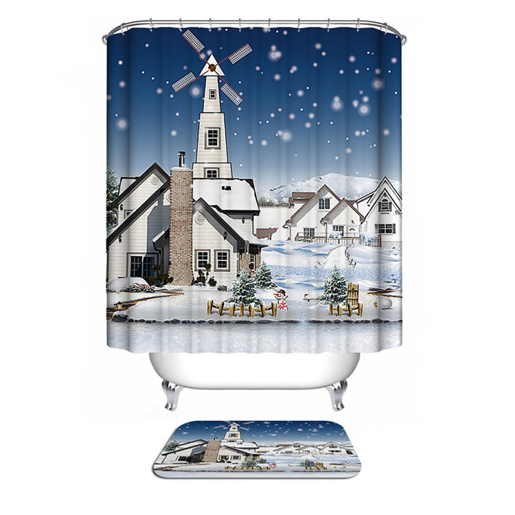 Hot Selling Bath Shower Curtain Set include Hooks Christmas Printed Shower Curtains