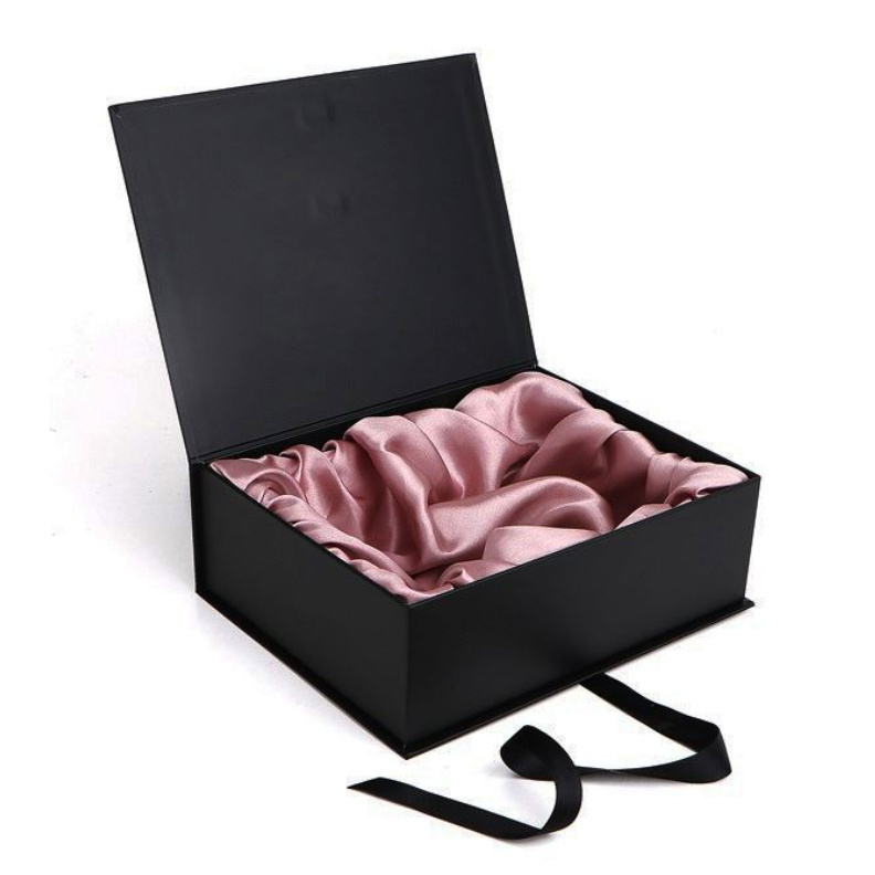 Custom Cardboard Folding Gift Packaging For Wigs Luxury Black Ribbon Box satin lined Hair Wig Boxes With Logo