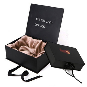 Custom Cardboard Folding Gift Packaging For Wigs Luxury Black Ribbon Box satin lined Hair Wig Boxes With Logo