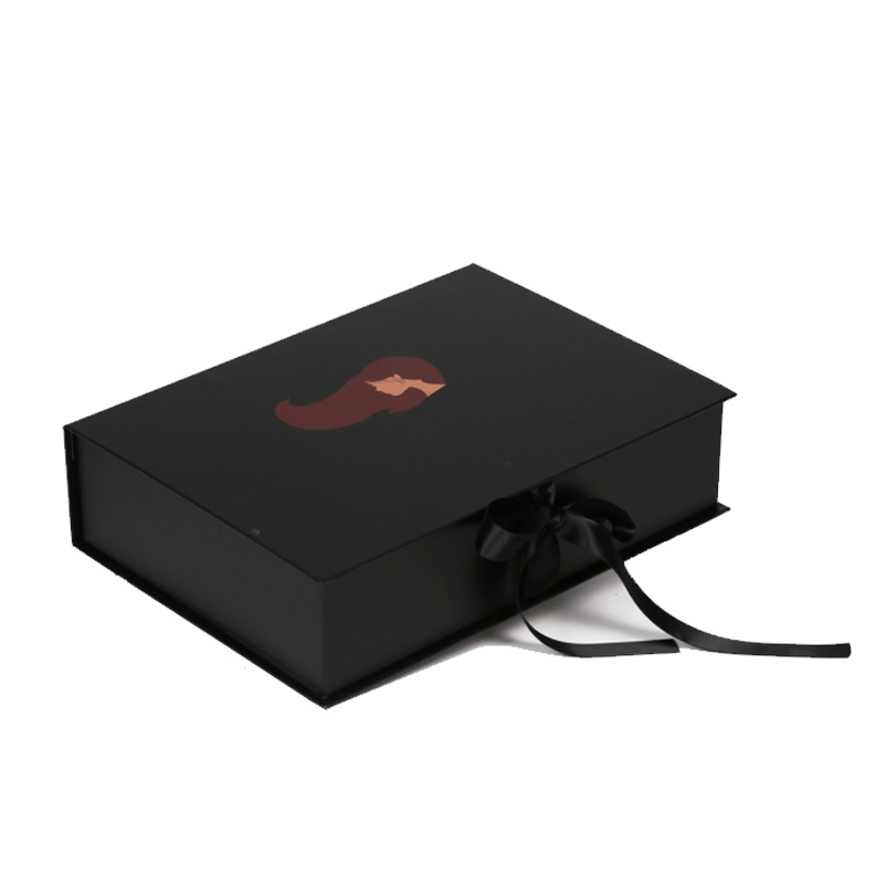 Custom Cardboard Folding Gift Packaging For Wigs Luxury Black Ribbon Box satin lined Hair Wig Boxes With Logo